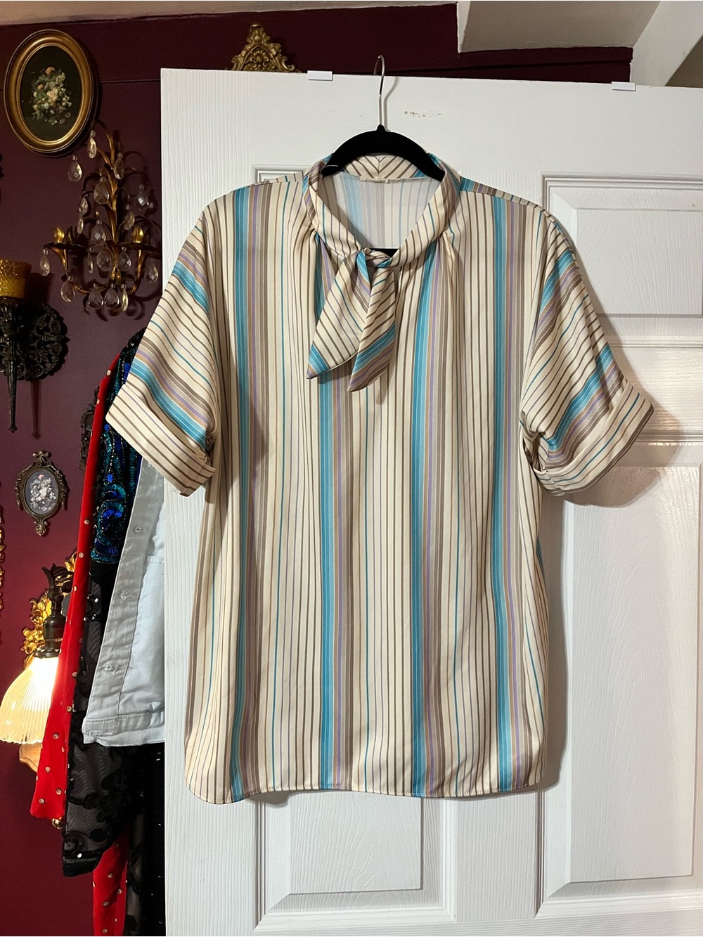70’s Striped Tie-Neck Blouse in Cream, Blue & Tan